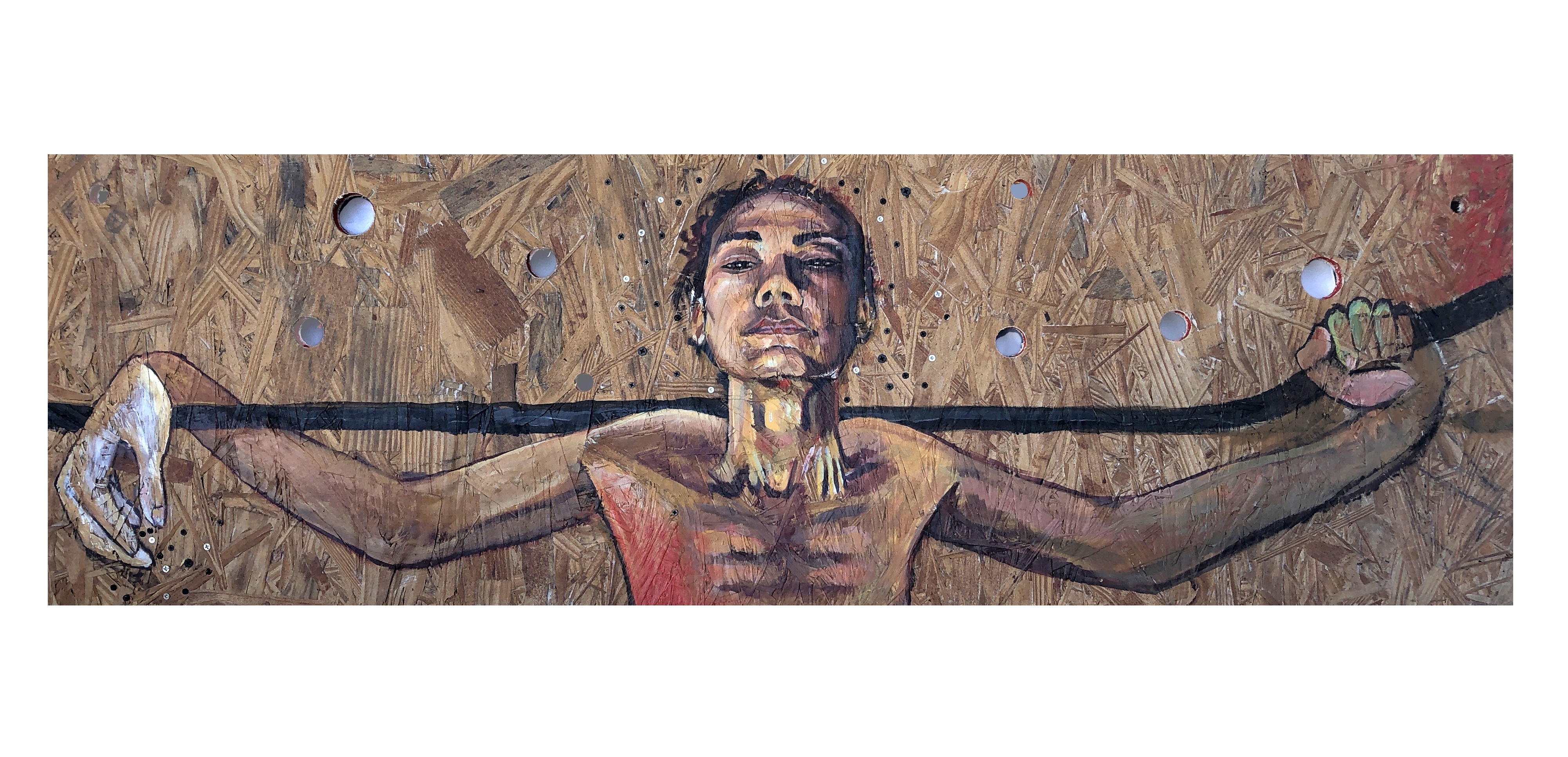Sally Binard's 'Reclamation' shows a painted woman's face and outstretched arms with a metal across her shoulders on a found wooden board