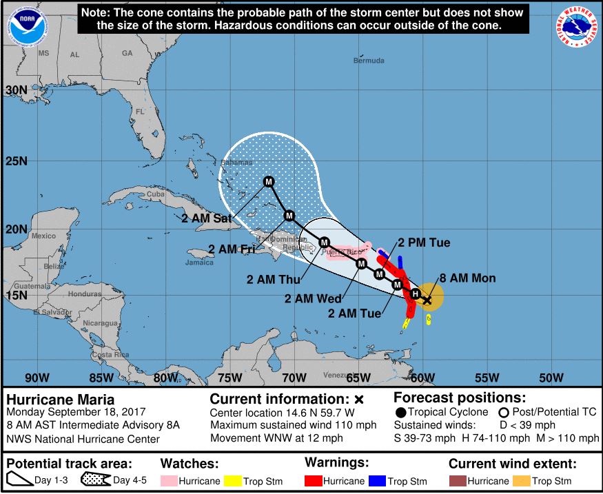 The cone of uncertainty for Hurricane María's path through the Caribbean